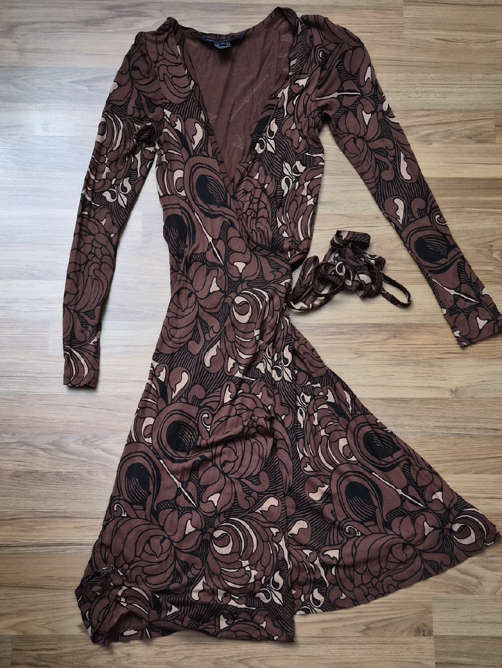 French Connection Brown Floral Wrap Dress with Long Sleeves